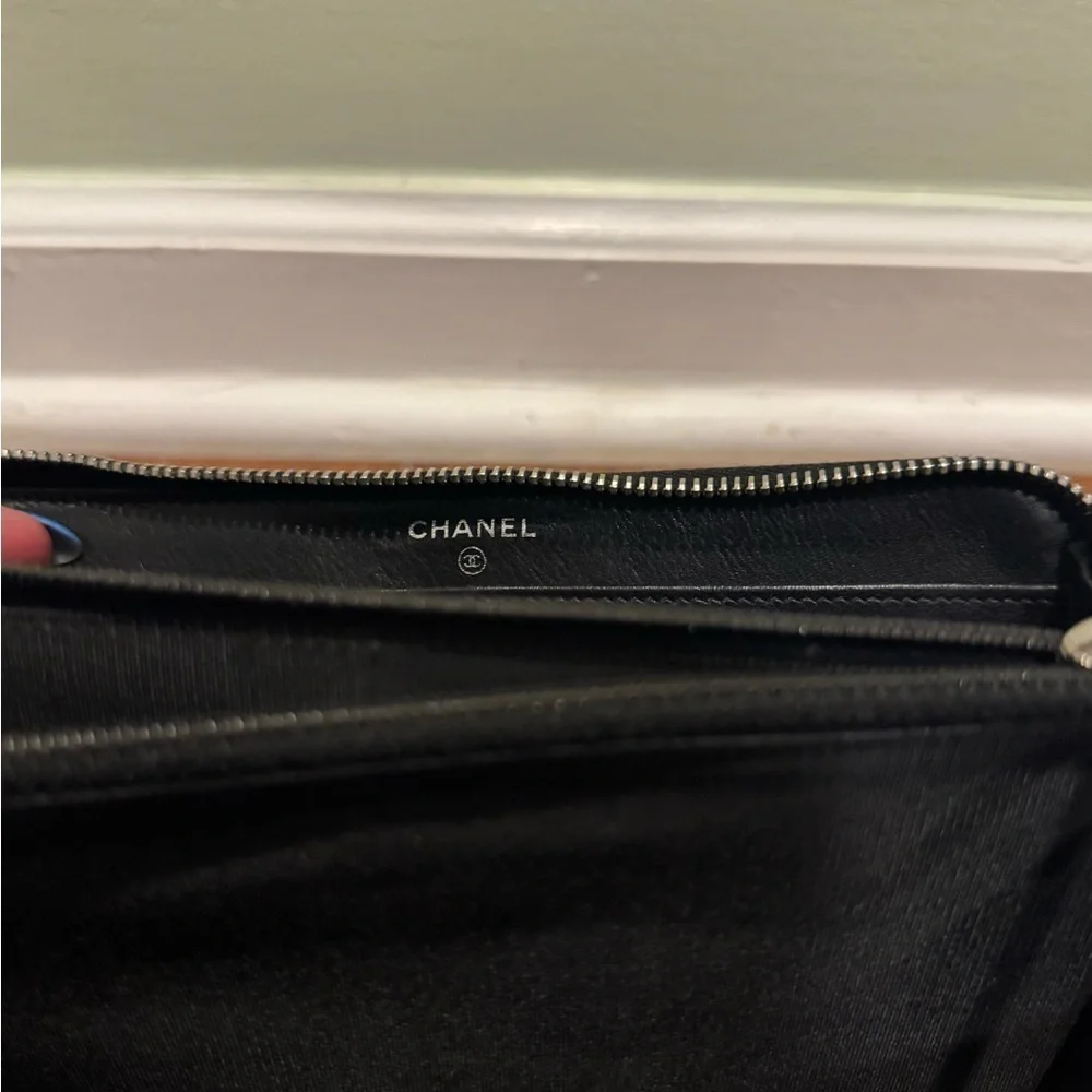 CHANEL Black Lambskin Quilted Embellished CC Black Zip Long Wallet